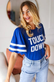 Stand Out Blue "TOUCHDOWN" Sequin Bubble Sleeve Game Day Top | Daverri Fashions