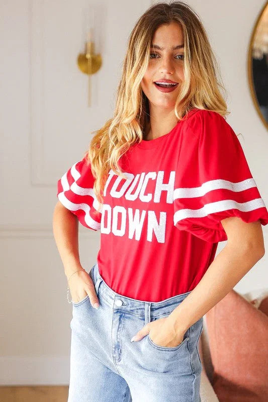 Stand Out Red "TOUCHDOWN" Sequin Bubble Sleeve Game Day Top | Daverri Fashions