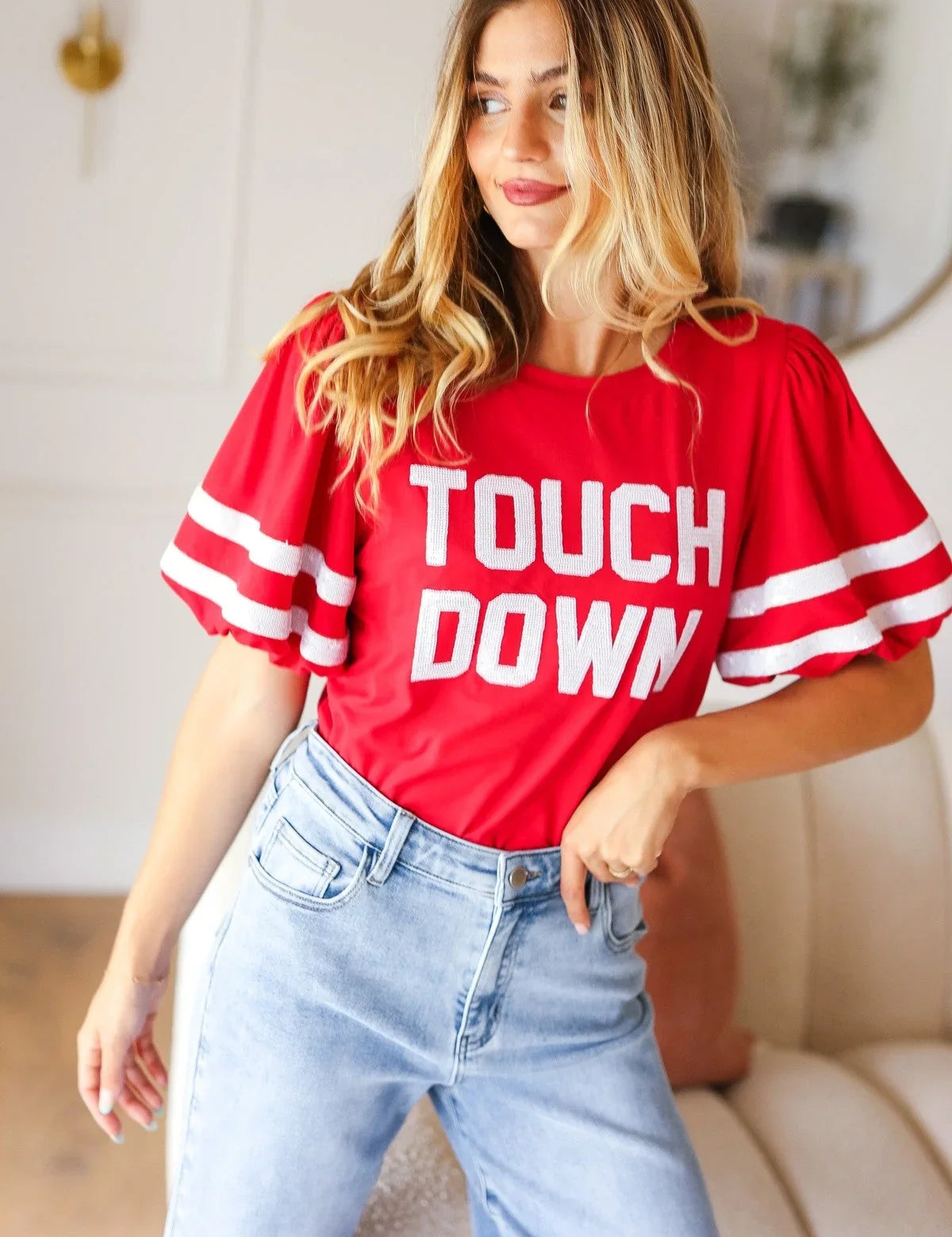 Stand Out Red "TOUCHDOWN" Sequin Bubble Sleeve Game Day Top | Daverri Fashions