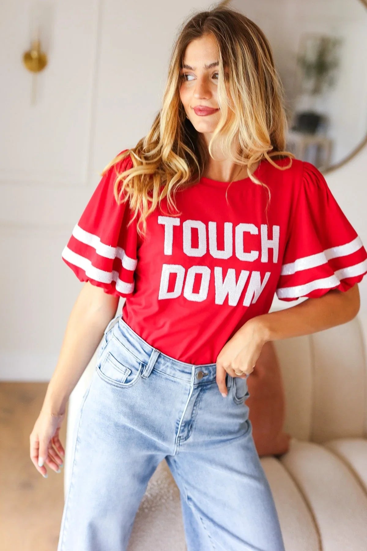 Stand Out Red "TOUCHDOWN" Sequin Bubble Sleeve Game Day Top | Daverri Fashions