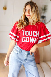 Stand Out Red "TOUCHDOWN" Sequin Bubble Sleeve Game Day Top | Daverri Fashions