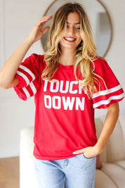 Stand Out Red "TOUCHDOWN" Sequin Bubble Sleeve Game Day Top | Daverri Fashions