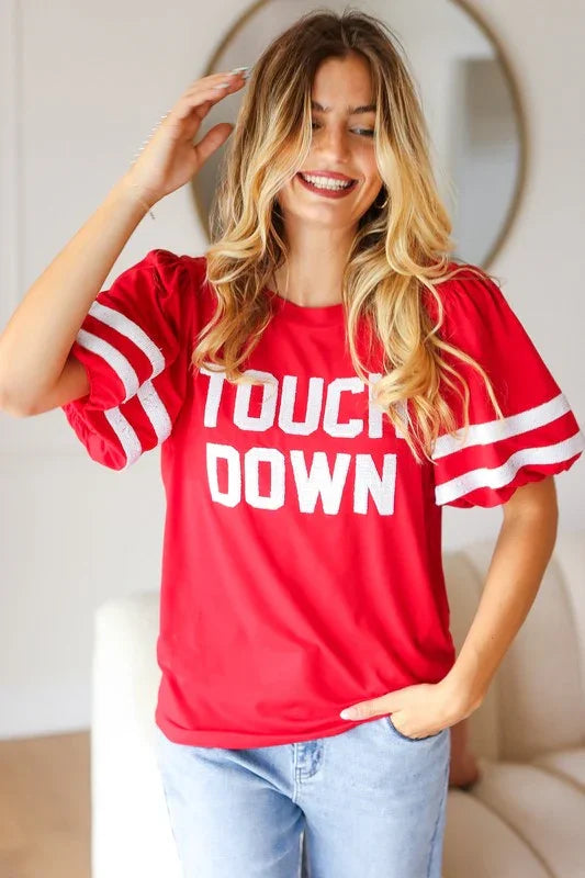 Stand Out Red "TOUCHDOWN" Sequin Bubble Sleeve Game Day Top | Daverri Fashions