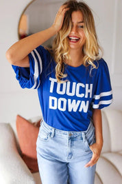 Stand Out Blue "TOUCHDOWN" Sequin Bubble Sleeve Game Day Top | Daverri Fashions