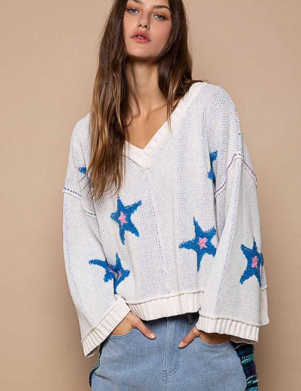 POL Long Sleeve Star Patch Sweater White L