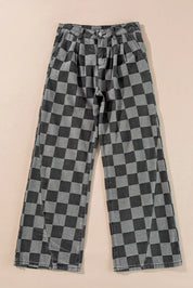 Checkered Wide Leg Jeans with Pockets | Jeans Daverri Fashions