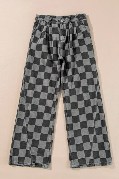 Checkered Wide Leg Jeans with Pockets - DAVERRI FASHIONS