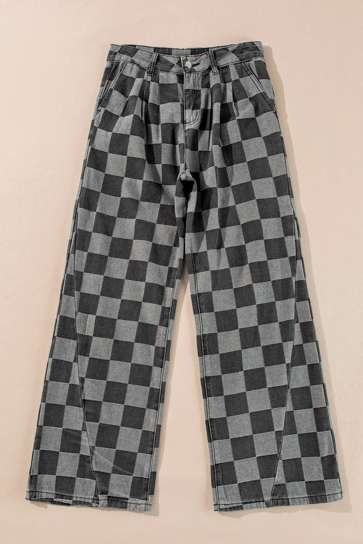 Checkered Wide Leg Jeans with Pockets | Jeans Daverri Fashions