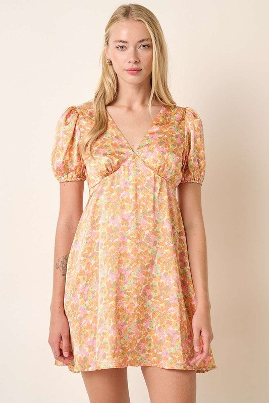 Mittoshop Printed V-Neck Puff Sleeve Mini Dress Sherbet Mini Dresses