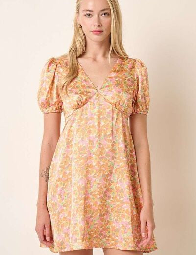 Mittoshop Printed V-Neck Puff Sleeve Mini Dress Sherbet Mini Dresses