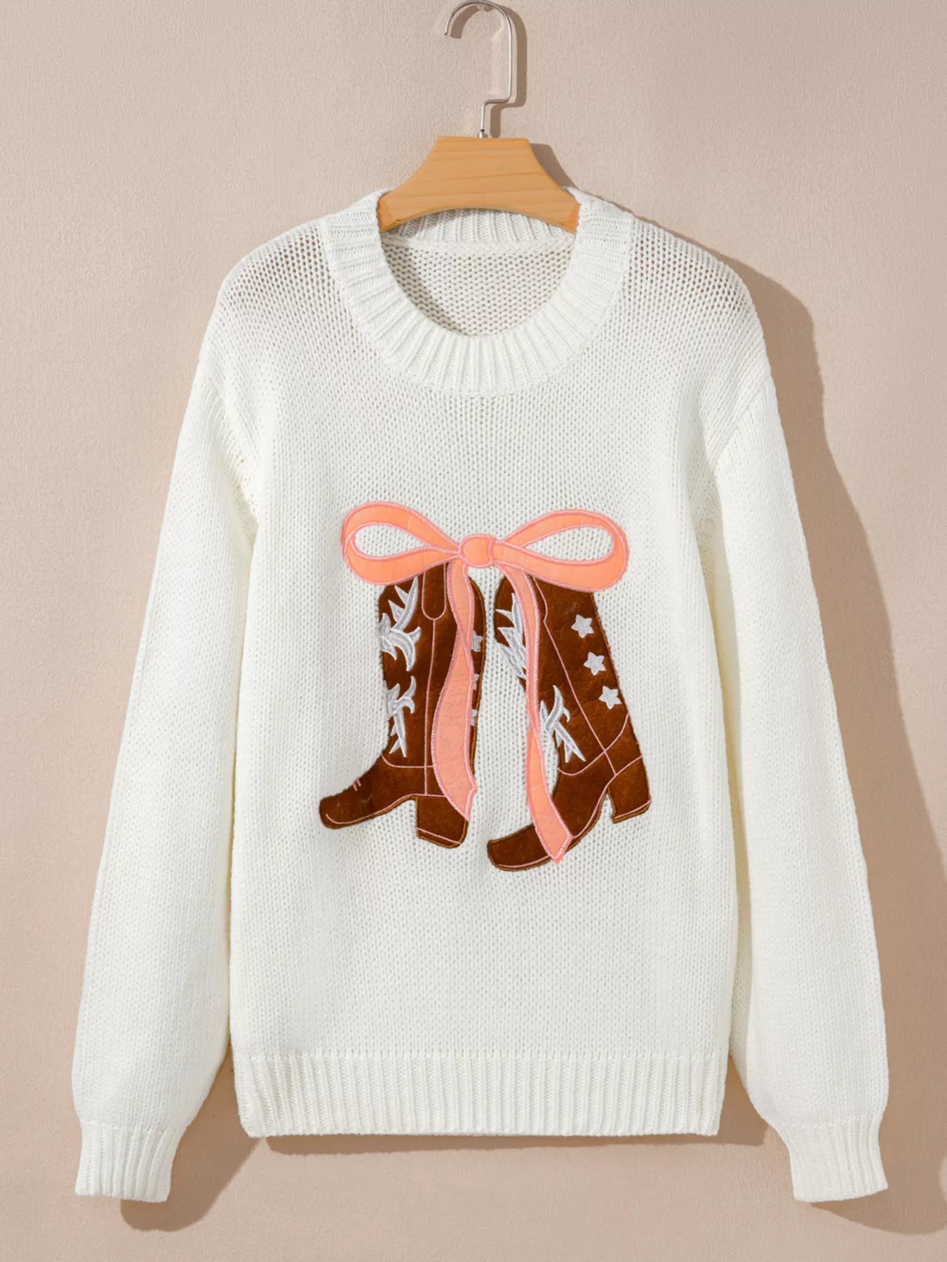 Embroidered Bow Boots Graphic Drop Shoulder Sweater | Sweaters Daverri Fashions