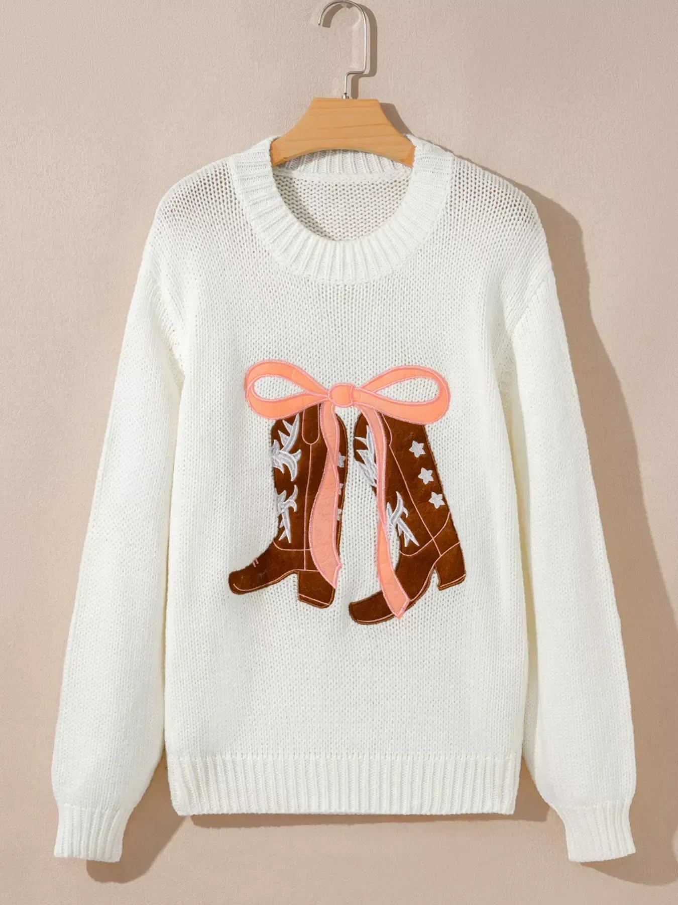 Embroidered Bow Boots Graphic Drop Shoulder Sweater - DAVERRI FASHIONS