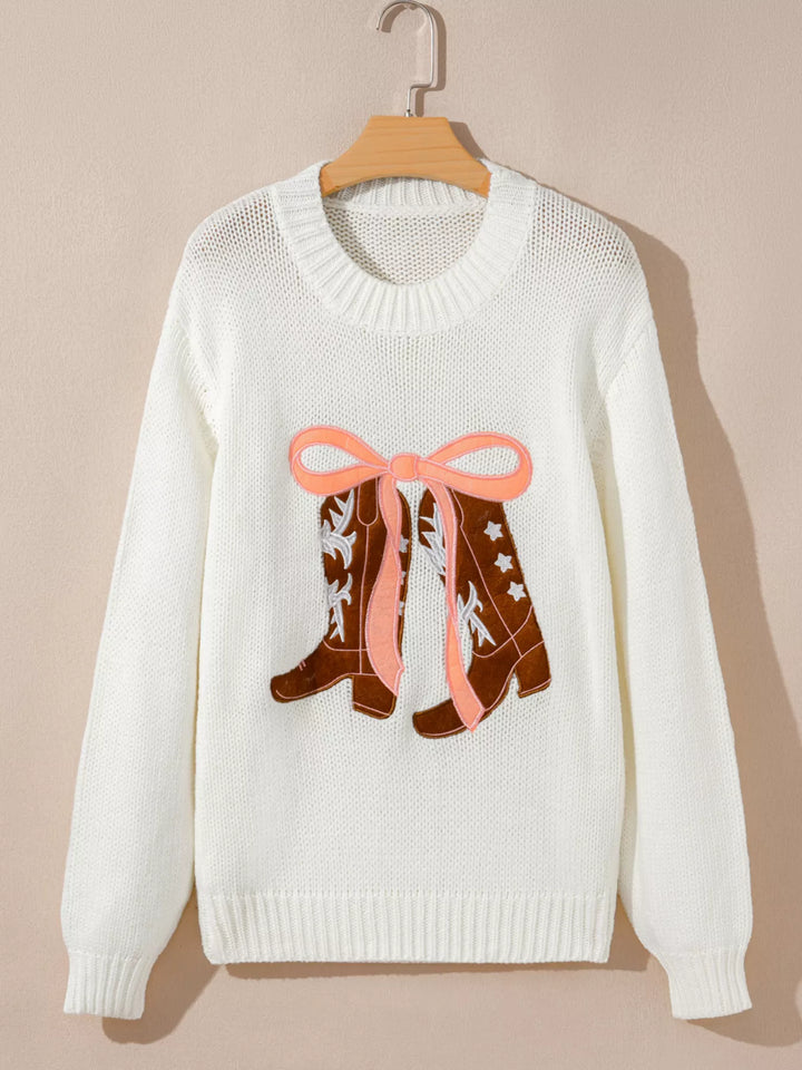 Embroidered Bow Boots Graphic Drop Shoulder Sweater | Sweaters Daverri Fashions