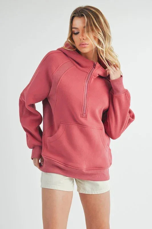 Long Drea Half-Zip Hoodie - DAVERRI FASHIONS