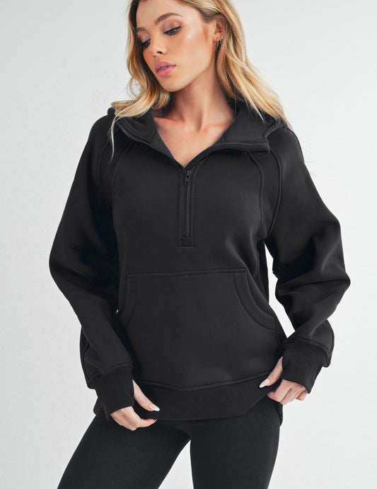 BLACK S Long Drea Half-Zip Hoodie | Daverri Fashions