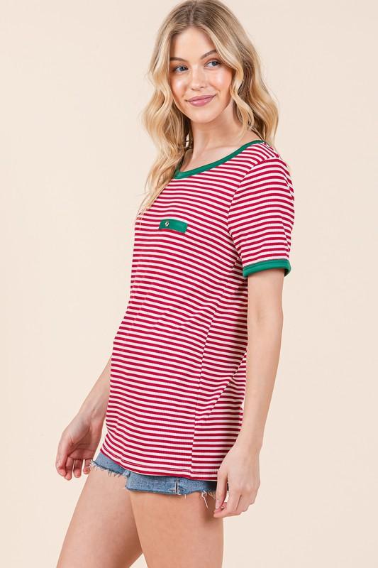 Stripe Ribbed T Shirt with Contrast Binding T-Shirts