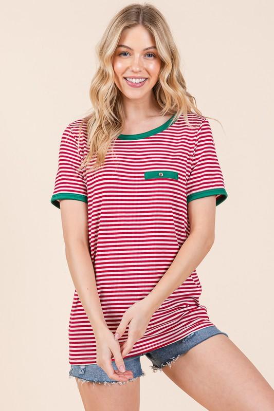 Stripe Ribbed T Shirt with Contrast Binding T-Shirts