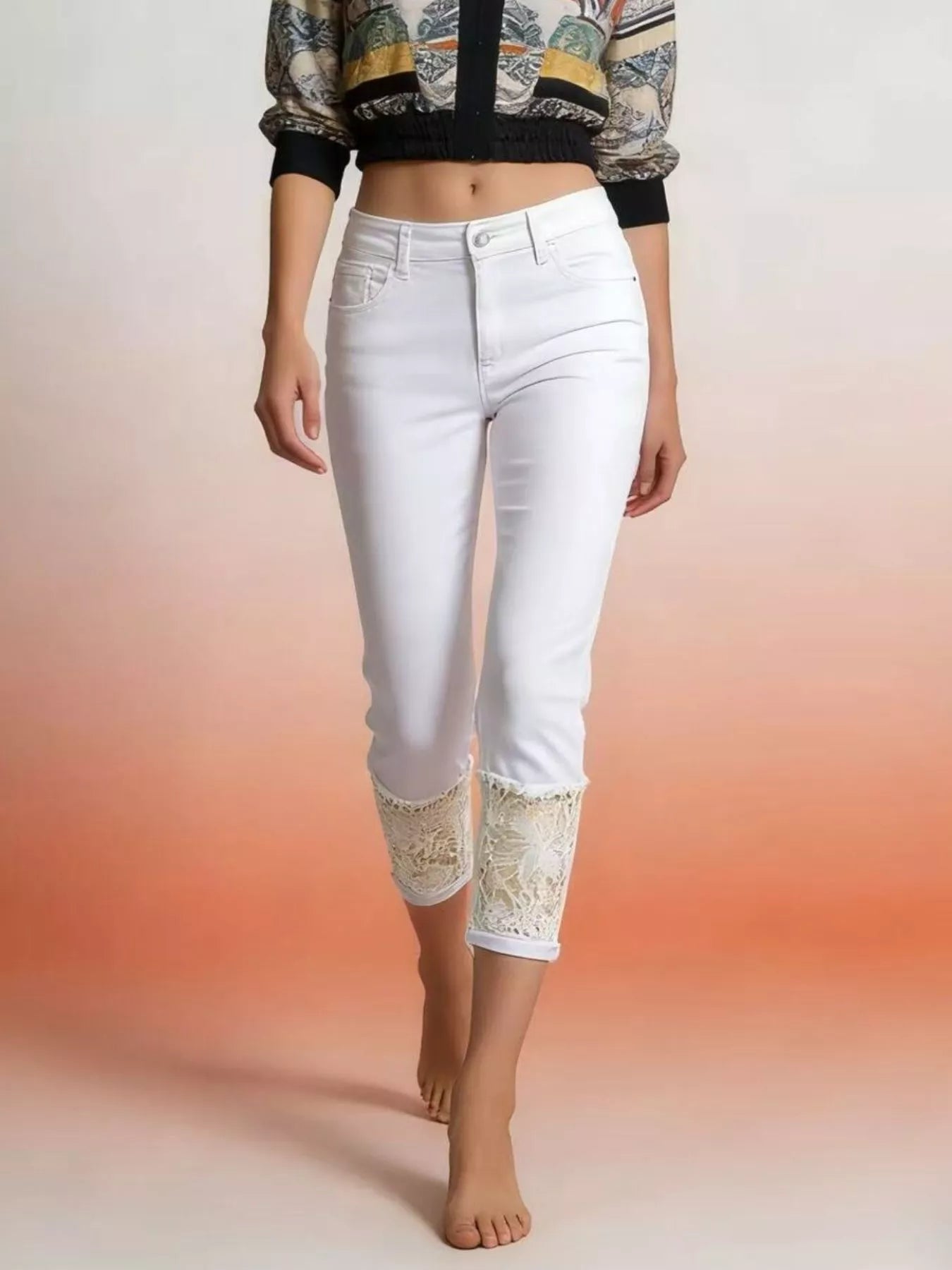 Daverri plus size lace trimmed white denim capri jeans cuffs