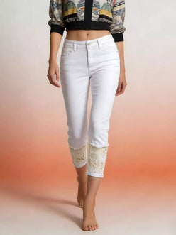 Daverri plus size lace trimmed white denim capri jeans cuffs