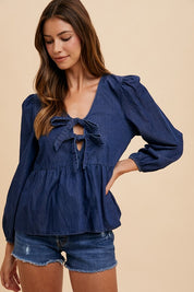 Annie Wear Tie Front Peplum Long Sleeve Denim Top Navy Tops