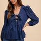 Annie Wear Navy Tie Front Peplum Long Sleeve Denim Top Navy Tops