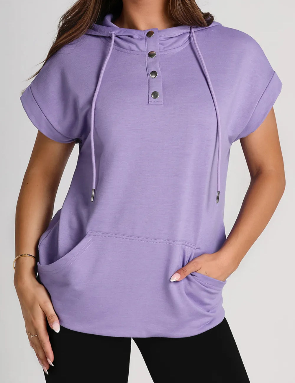 Lavender drawstring quarter snap cap sleeve hoodie with buttons