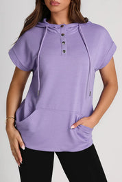 Lavender drawstring quarter snap cap sleeve hoodie with buttons