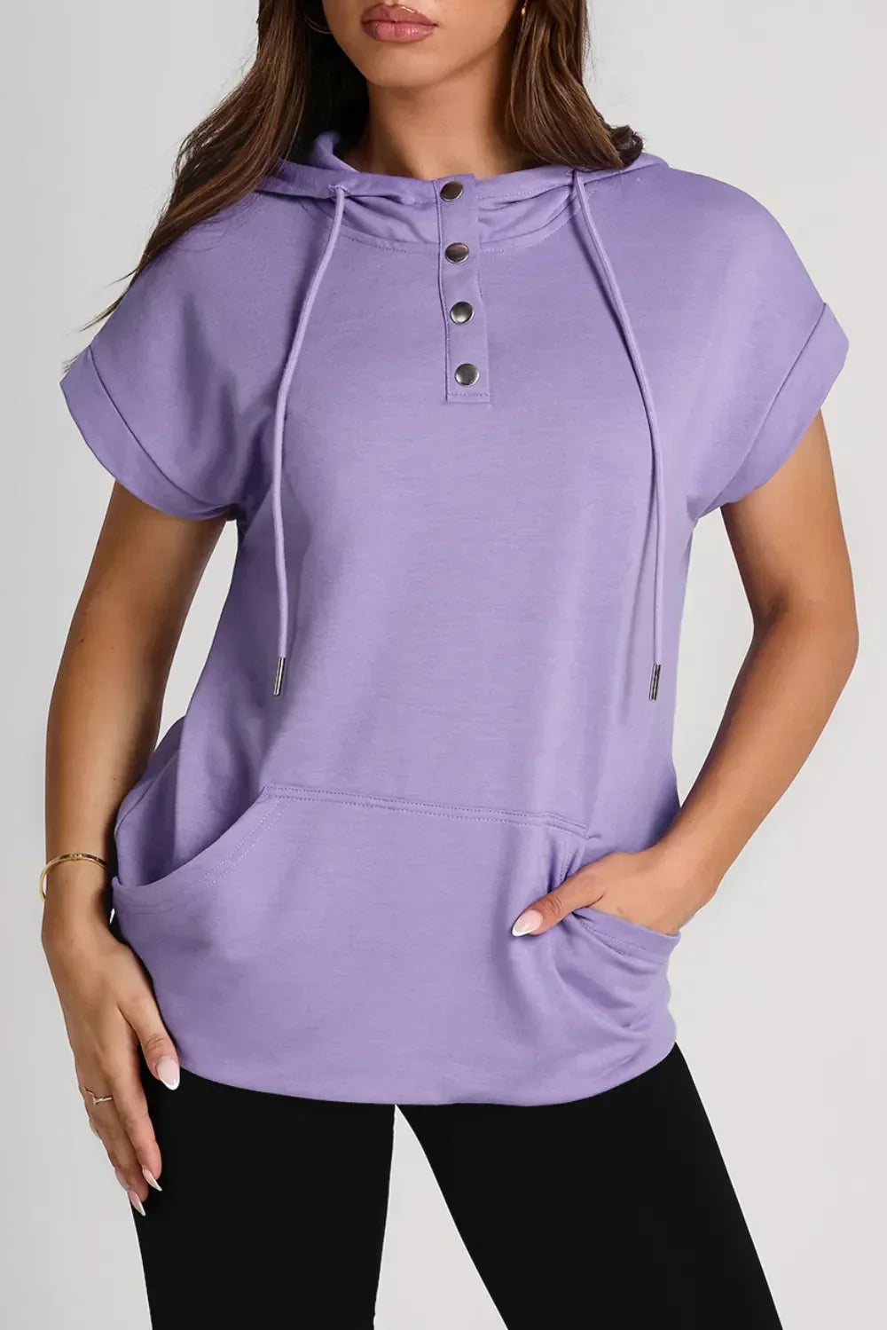 Daverri Fashions Drawstring Quarter Snap Cap Sleeve Hoodie - DAVERRI FASHIONS