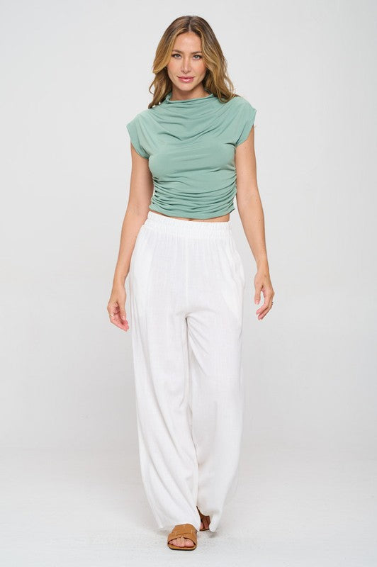 Green Mock Neck Short Sleeve Ruched Crop Top | Blouses Daverri Fashions