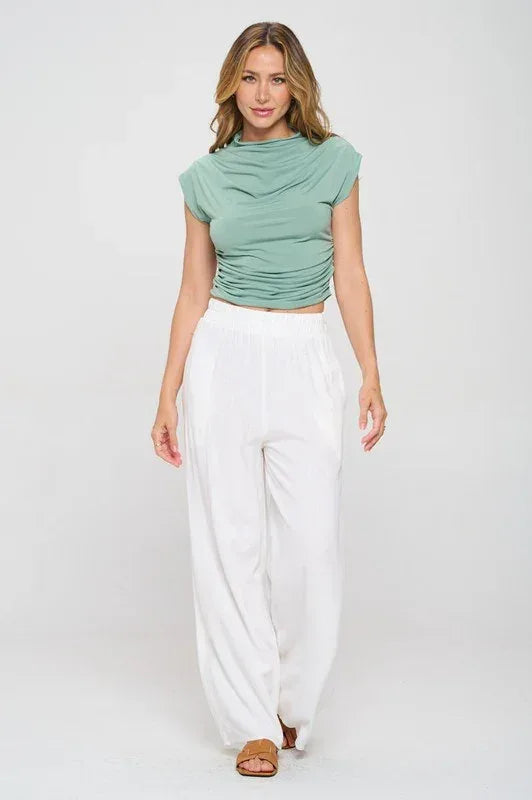 Green Mock Neck Short Sleeve Ruched Crop Top - DAVERRI FASHIONS