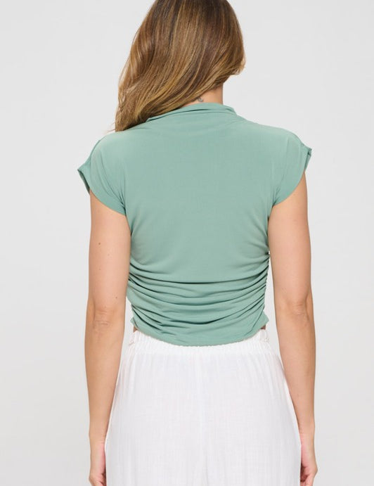Green Mock Neck Short Sleeve Ruched Crop Top | Blouses Daverri Fashions