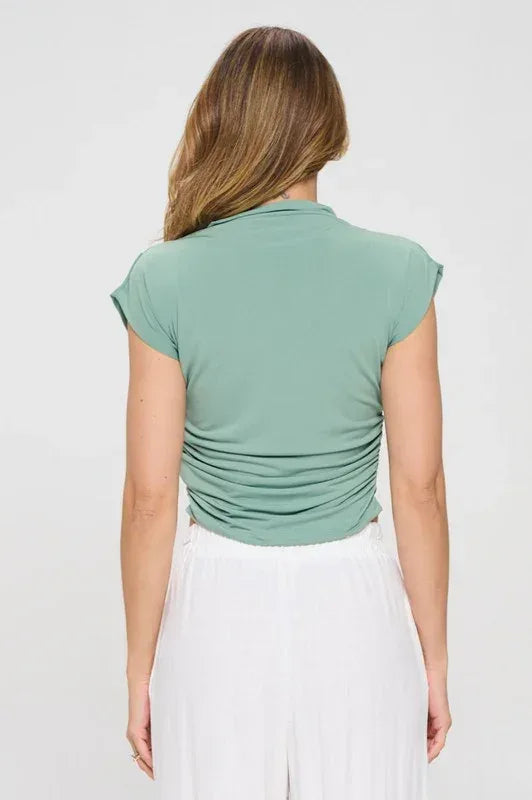 Green Mock Neck Short Sleeve Ruched Crop Top - DAVERRI FASHIONS