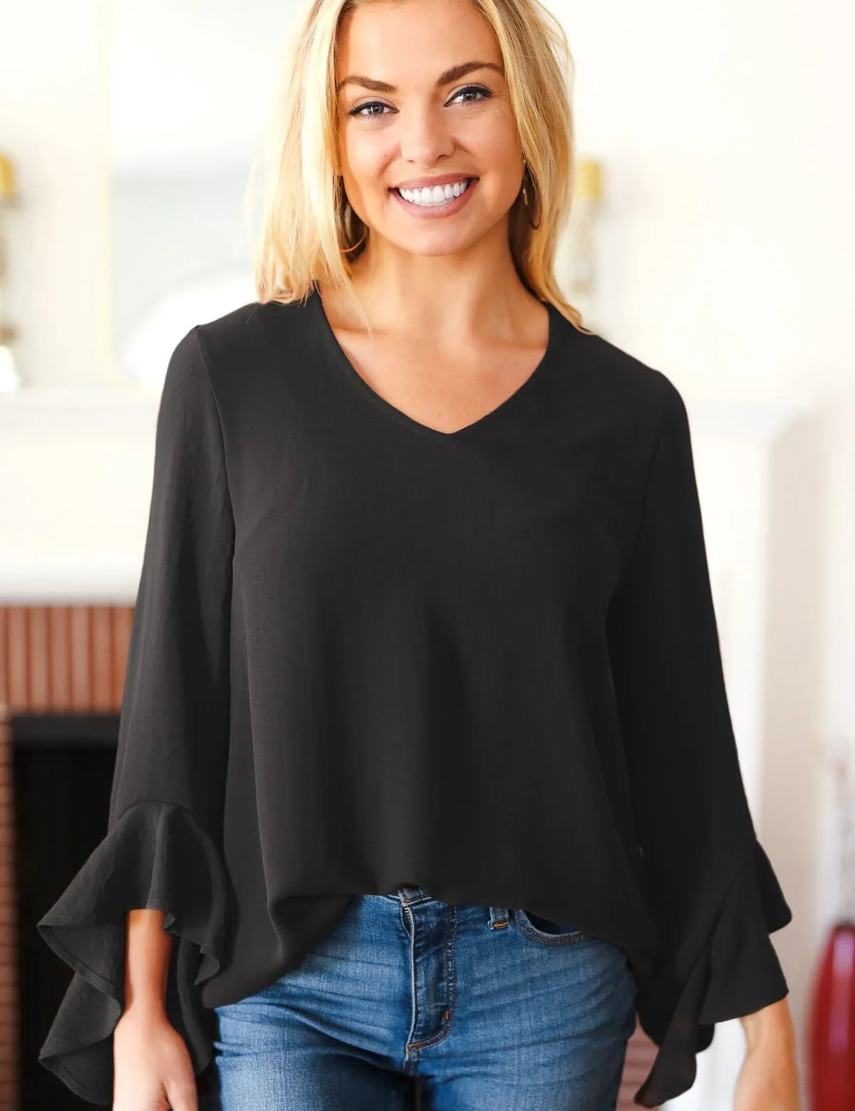 Falling In Love Black Hi-Lo Ruffle Sleeve Woven Top | Daverri Fashions