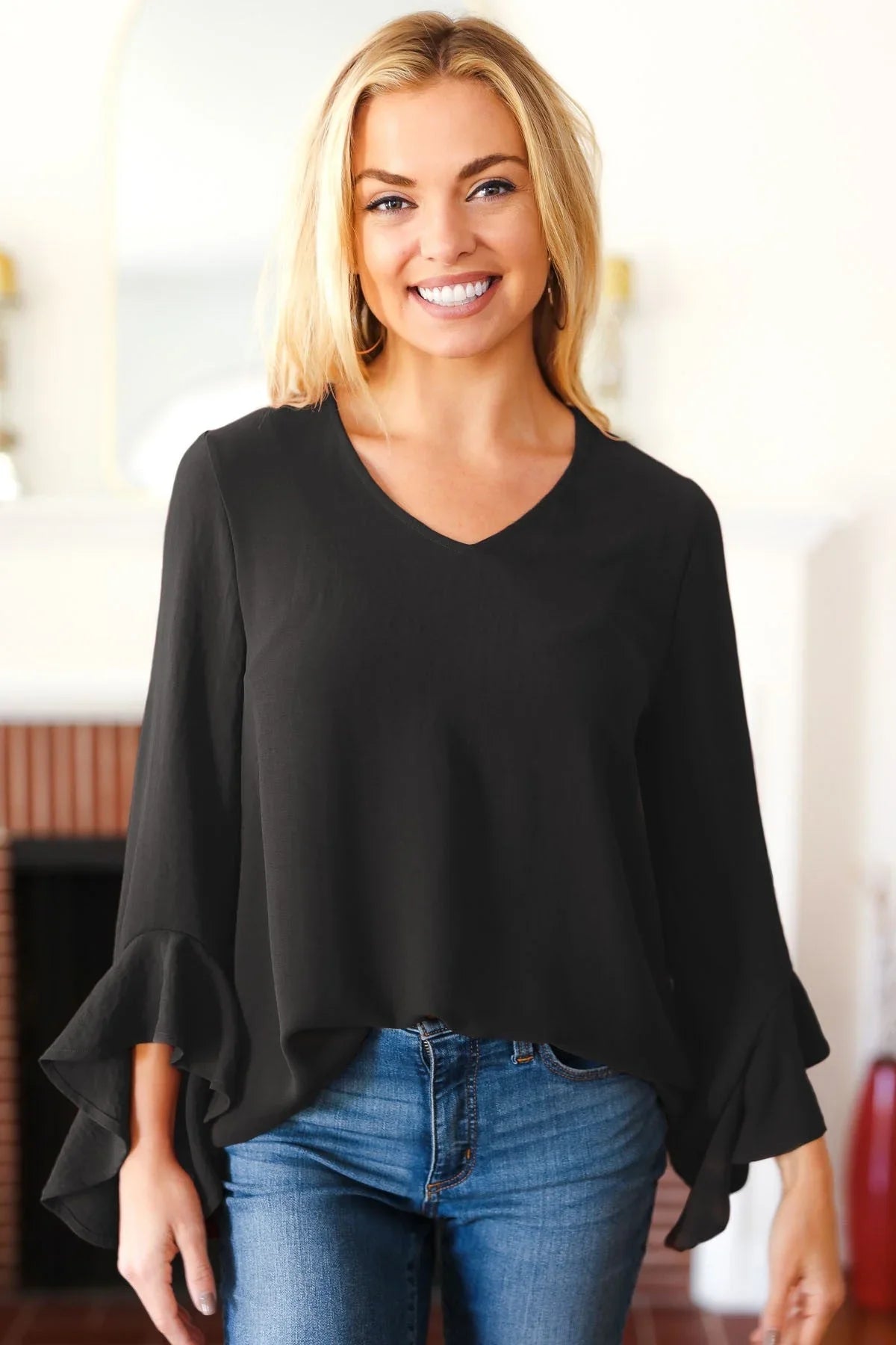 Falling In Love Black Hi-Lo Ruffle Sleeve Woven Top | Daverri Fashions