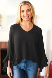 Falling In Love Black Hi-Lo Ruffle Sleeve Woven Top | Daverri Fashions