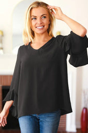 Falling In Love Black Hi-Lo Ruffle Sleeve Woven Top | Daverri Fashions
