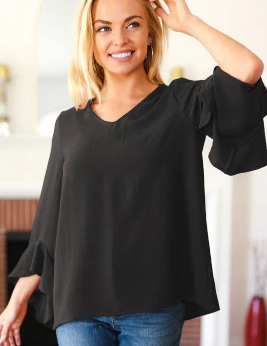 Falling In Love Black Hi-Lo Ruffle Sleeve Woven Top | Daverri Fashions
