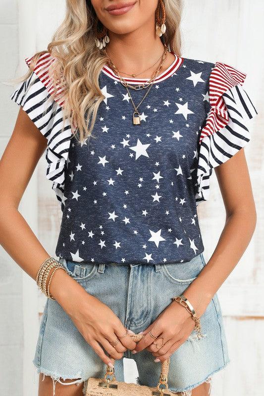 Ruffled Sleeve Patriotic Top one color Patriotic Clothing