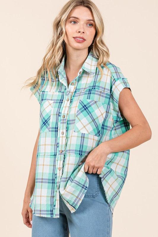 Mittoshop Mineral Wash Plaid Button Down Shirt - DAVERRI FASHIONS