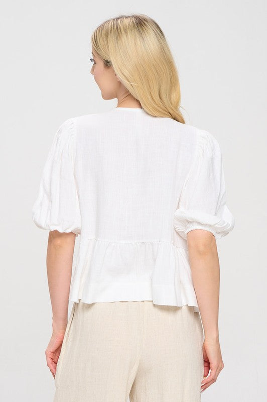 Renee C White Puff Sleeve Front Bow Top Tops