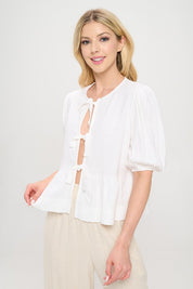 Renee C White Puff Sleeve Front Bow Top Tops