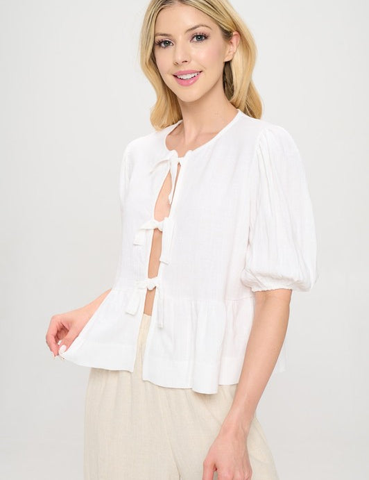 Renee C White Puff Sleeve Front Bow Top Tops