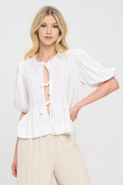 Renee C White Puff Sleeve Front Bow Top - DAVERRI FASHIONS