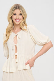 Renee C Linen Puff Sleeve Front Bow Top LINEN Tops