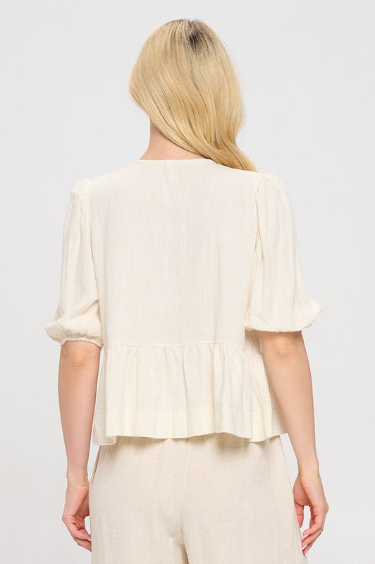 Renee C Linen Puff Sleeve Front Bow Top Tops