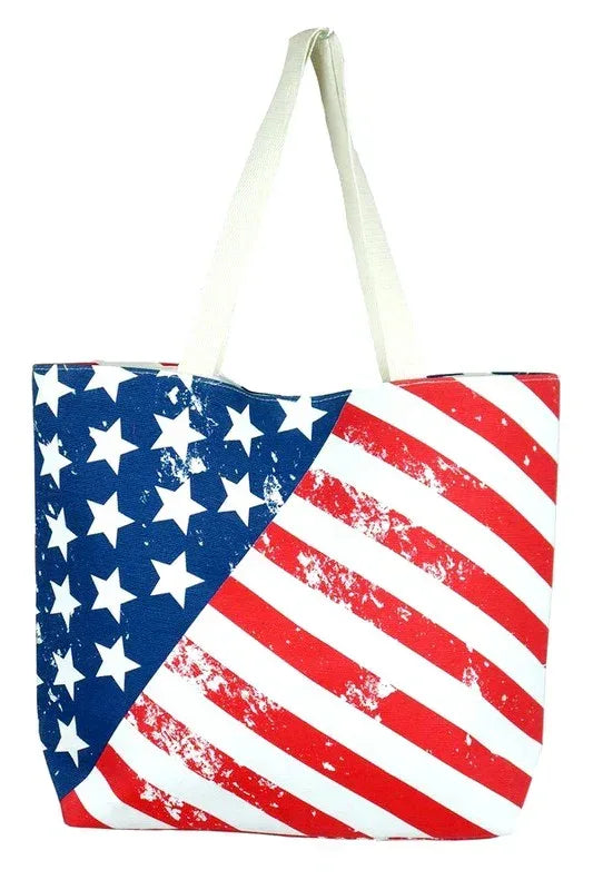 USA Flag Print Canvas Tote Bag - DAVERRI FASHIONS