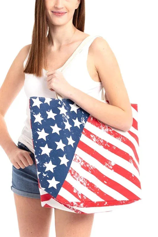 USA Flag Print Canvas Tote Bag - DAVERRI FASHIONS