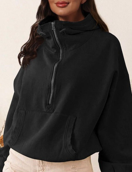 Half Zip Lightweight Hoodie Sweatshirt Black Tops