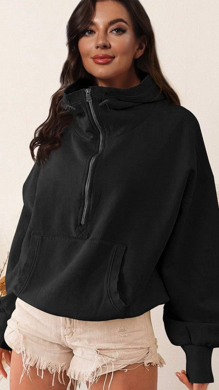 Half Zip Lightweight Hoodie Sweatshirt Black Tops