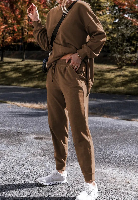 Side Slit Round Neck Long Sleeve Top and Pants Set | Loungewear Sets Daverri Fashions